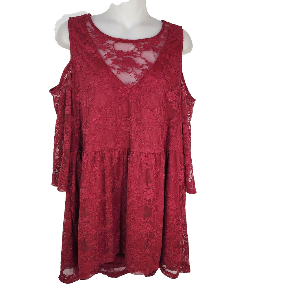 Torrid Womens Top Size 1X Babydoll Stretch Lace Cold Shoulder Red Floral Lined